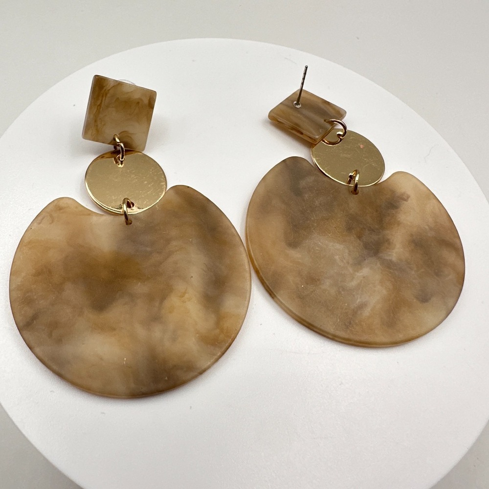 Vintage Y2K Gold Tone Marble Resin Dangle Earrings Geometric 90s Jewelry